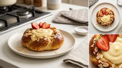 Ατομικά τσουρεκάκια-«φωλιές» με κρέμα, φράουλες και φιλέ αμυγδάλου