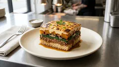 Μουσακάς χωρίς μελιτζάνες: με ρύζι, σπανάκι και μανιτάρια σε ένα ταψί