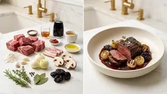 Χριστουγεννιάτικο μοσχάρι κατσαρόλας με κόκκινο κρασί, μανιτάρια και δαμάσκηνα