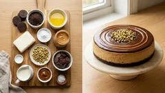 Cheesecake φυστικοβούτυρου ψυγείου με γκανάζ σοκολάτας και καραμέλα dulce de leche