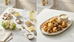 Τραγανά τηγανητά μανιτάρια & κουνουπίδι σε κουρκούτι, με νηστίσιμη αϊόλι κάσιους