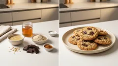 Τραγανά μπισκότα βρώμης με ταχίνι, μέλι και κουβερτούρα – έτοιμα σε 10 λεπτά ψήσιμο