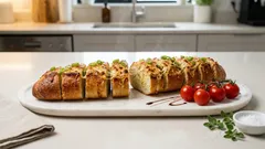 Σκορδόψωμο με κεφαλοτύρι στη μπαγκέτα: τραγανό απ’ έξω, τυρένιο μέσα σε 10 λεπτά