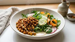 Τραγανά ψητά ρεβύθια σε δροσερή σαλάτα με ντρέσινγκ ταχινιού και λεμόνι