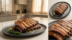 Καπνιστά χοιρινά παϊδάκια στον φούρνο με σάλτσα κρασιού, σκόρδο και δεντρολίβανο