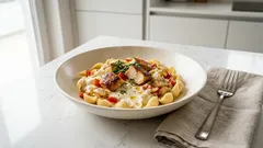 Ζυμαρικά με κρεμώδη σάλτσα φέτας και κοτόπουλο – δένουν τέλεια στο τηγάνι