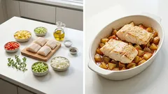 Μπακαλιάρος στο φούρνο με πατάτες και λαχανικά – ζουμερός, χωρίς κόπο