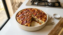 Γιορτινή κοτόπιτα χωρίς φύλλο με μανιτάρια και τραγανό πλέγμα μπέικον