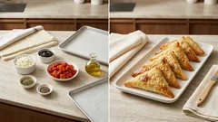 Τριγωνάκια με φέτα, ελιά και πιπεριά: τραγανά στον φούρνο με σωστό δίπλωμα