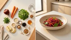 Τριφτή σαλάτα με καρότο, παντζάρι και μήλο—με βελούδινη σάλτσα ταχινιού