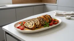 Ρολό μελιτζάνας στο φούρνο με λιωμένα τυριά και ντοματίνια με βασιλικό