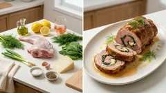 Ρολό κατσικάκι γεμιστό με χόρτα και γραβιέρα – ζουμερό, αρωματικό και κόβεται τέλεια σε φέτες