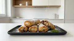 Τραγανά ρολάκια με μπανάνα και ταχίνι κακάο: γλυκό φούρνου σε 10 λεπτά