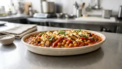 Ρεβίθια φούρνου με μελιτζάνες, πιπεριές Φλωρίνης και φέτα – μελωμένα στη σάλτσα ντομάτας