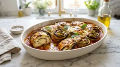 Ρολάκια μελιτζάνας και κολοκυθιού στο φούρνο με τυριά και σάλτσα ντομάτας