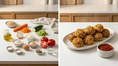 Ρυζομπαλίτσες φούρνου με τριμμένα λαχανικά και σπιτική κέτσαπ για βούτηγμα