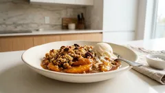 Peach Crisp με ροδάκινα – τραγανή επικάλυψη με βρώμη και πεκάν, εύκολα στο φούρνο