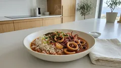 Καλαμαράκια κοκκινιστά με ρύζι στην κατσαρόλα – τρυφερά, χωρίς να «λαστιχώνουν»