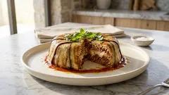 Τιμπάλ μελιτζάνας στο φούρνο: σταθερό στο ξεφορμάρισμα, με ρύζι, κιμά και γραβιέρα