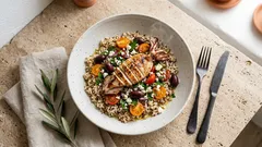 Σαλάτα με καστανό ρύζι & κινόα και ψητά καλαμαράκια, με λεμονάτο ντρέσινγκ