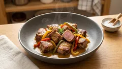 Χοιρινή τηγανιά με πιπεριές και μουστάρδα – ζουμερή και εύκολη στο τηγάνι